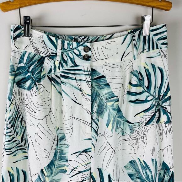 Cream green palm leaf tropical linen wide leg high waisted cropped pants large - Picture 2 of 9